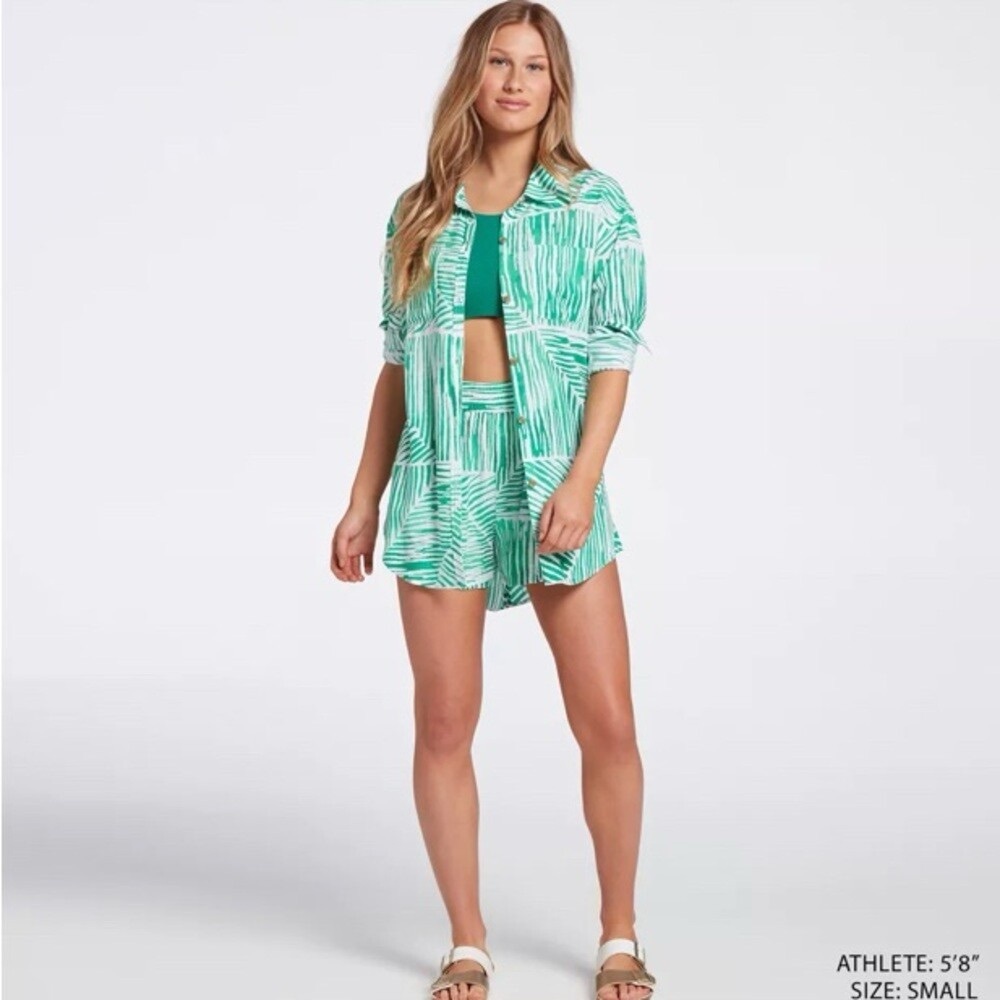CALIA  “large palm” utility shirt and shorts cover-up set